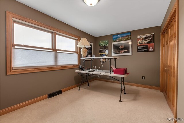 office with baseboards, carpet, and visible vents