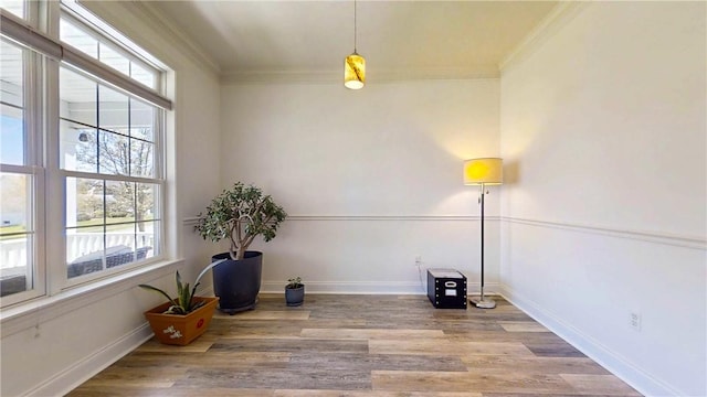 interior space with baseboards, ornamental molding, and wood finished floors