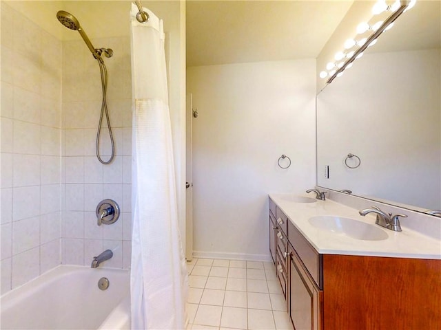 bathroom featuring a sink, tile patterned flooring, shower / bathtub combination with curtain, and double vanity