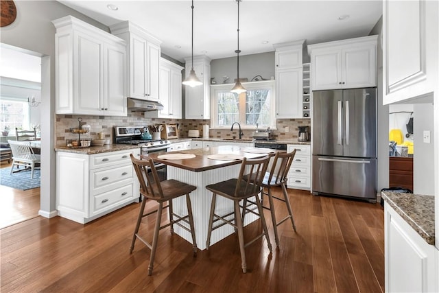 kitchen featuring stainless steel appliances, white cabinetry, a wealth of natural light, under cabinet range hood, and dark wood-style floors