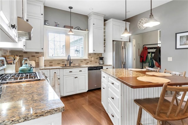 kitchen featuring a sink, stainless steel appliances, white cabinetry, tasteful backsplash, and under cabinet range hood
