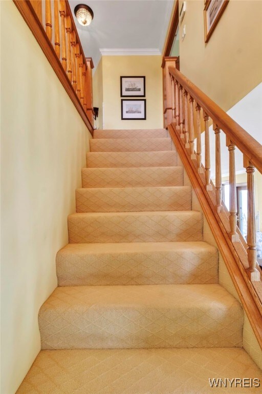 staircase featuring ornamental molding