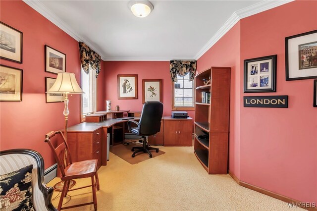 office space with crown molding, baseboards, and light carpet