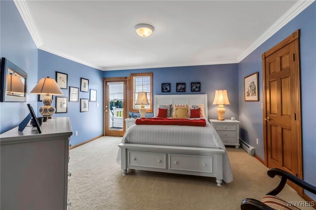 bedroom featuring crown molding, carpet flooring, baseboard heating, and access to exterior