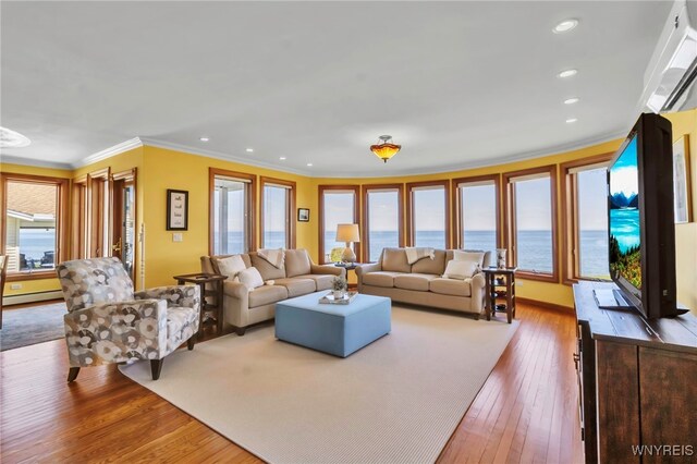 living area with crown molding, a baseboard heating unit, a wealth of natural light, and hardwood / wood-style floors