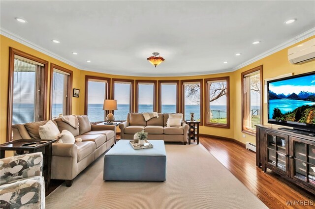 living room featuring crown molding, an AC wall unit, a baseboard heating unit, and wood finished floors