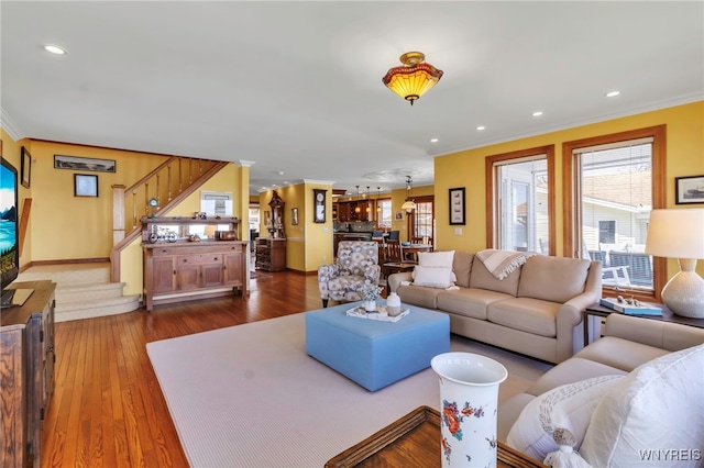 5561 Lockwood Hts, Newfane, NY 14126 - living room featuring crown molding, stairs, recessed lighting, and dark wood-style flooring