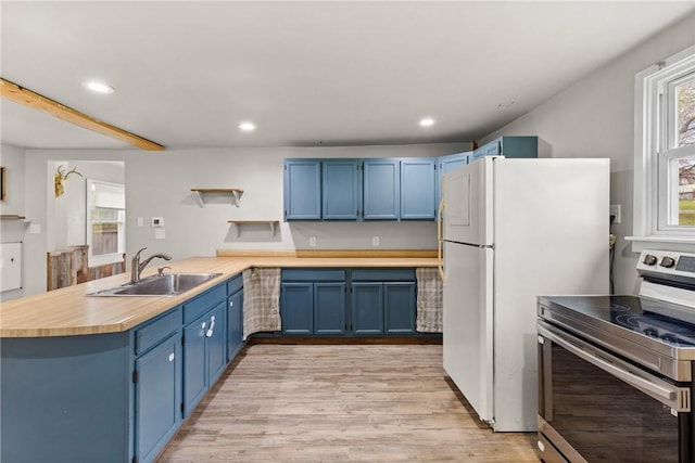 kitchen featuring a sink, a peninsula, blue cabinetry, and electric stove