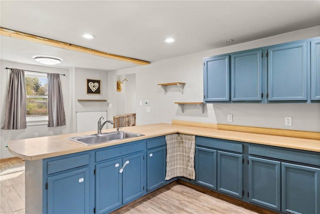 kitchen featuring a sink, open shelves, a peninsula, and blue cabinetry