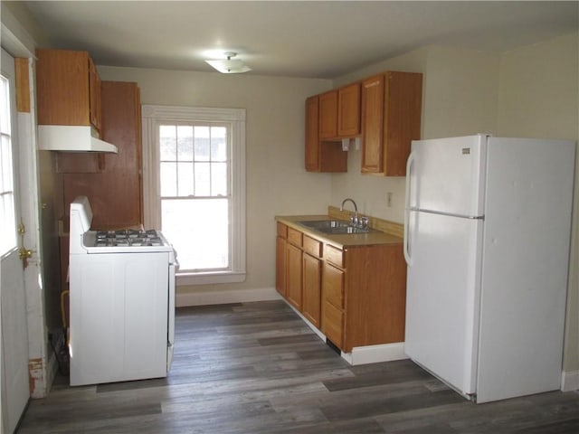57-59 Maple St, Oneonta-City, NY 13820 - kitchen with freestanding refrigerator, gas range, under cabinet range hood, a sink, and dark wood finished floors