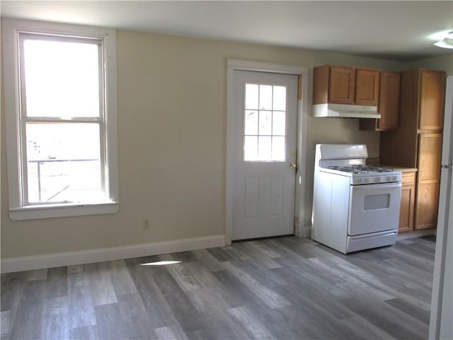 57-59 Maple St, Oneonta-City, NY 13820 - kitchen featuring wood finished floors, under cabinet range hood, white range with gas stovetop, and brown cabinets