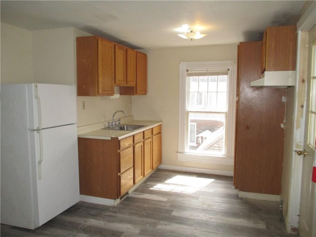 57-59 Maple St, Oneonta-City, NY 13820 - kitchen with a sink, baseboards, freestanding refrigerator, and wood finished floors