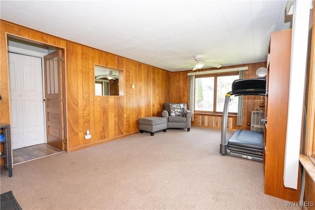 5048 Armor Duells Rd, Orchard Park, NY 14127 - workout area featuring a ceiling fan, carpet floors, wooden walls, and baseboards
