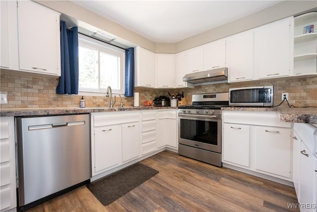 kitchen featuring a sink, white cabinetry, appliances with stainless steel finishes, and under cabinet range hood
