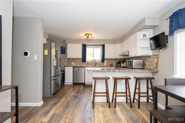 kitchen featuring appliances with stainless steel finishes, tasteful backsplash, a sink, a peninsula, and under cabinet range hood