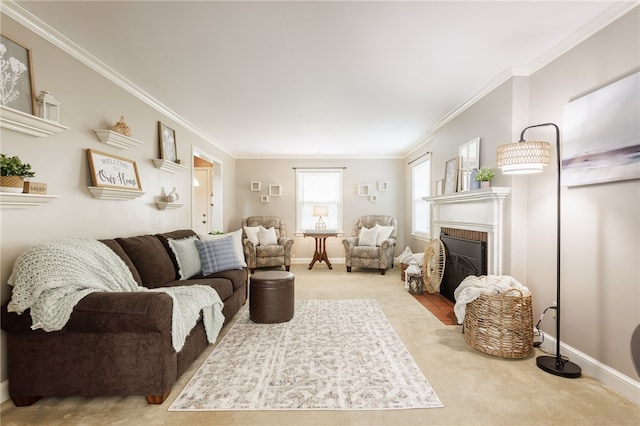 carpeted living area with a brick fireplace, crown molding, and baseboards