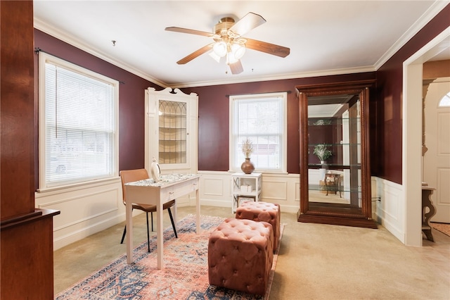 office featuring ornamental molding, light carpet, a decorative wall, and a wealth of natural light
