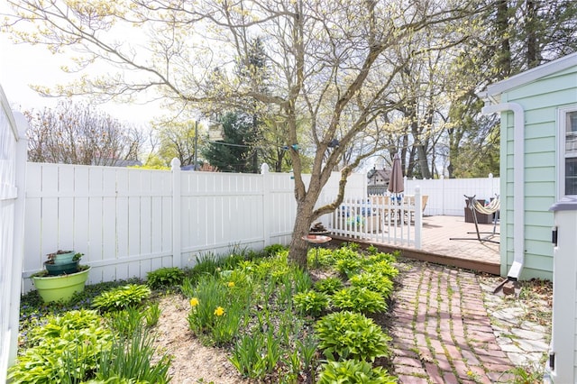 view of yard with a fenced backyard and a deck
