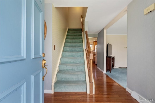 4765 Rosemary Ln, Clay, NY 13088 - stairs with baseboards, wood finished floors, and visible vents