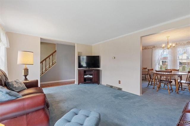 4765 Rosemary Ln, Clay, NY 13088 - carpeted living area with visible vents, ornamental molding, stairway, and an inviting chandelier