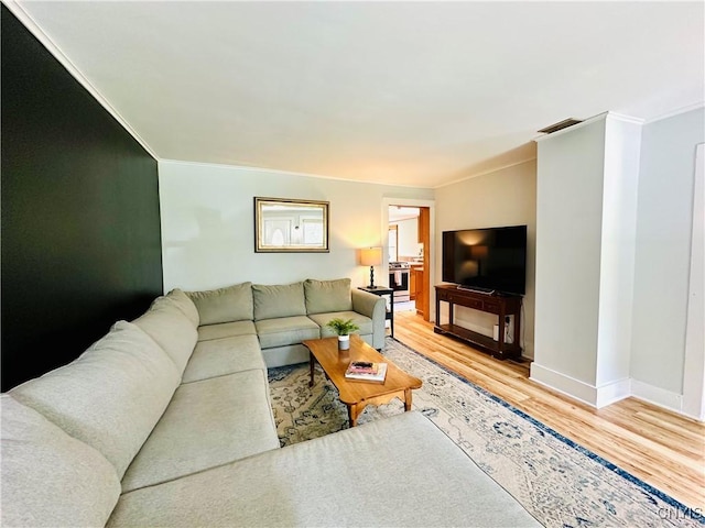 1058 State Route 48, Granby, NY 13069 - living room featuring baseboards, visible vents, ornamental molding, and light wood-style flooring