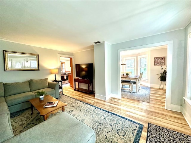 1058 State Route 48, Granby, NY 13069 - living room featuring baseboards, ornamental molding, and light wood-style floors