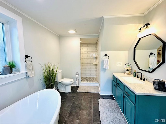 1058 State Route 48, Granby, NY 13069 - bathroom featuring a freestanding tub, a stall shower, vanity, toilet, and ornamental molding