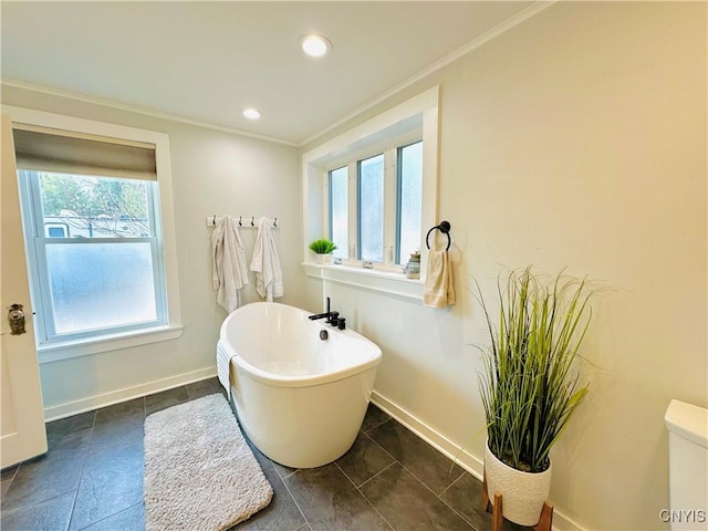 1058 State Route 48, Granby, NY 13069 - full bath with a freestanding bath, baseboards, ornamental molding, and recessed lighting