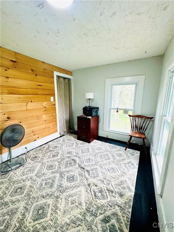1058 State Route 48, Granby, NY 13069 - bedroom with a closet, a textured ceiling, baseboards, and wooden walls