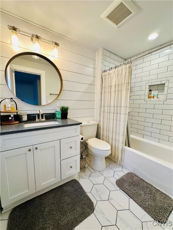 1058 State Route 48, Granby, NY 13069 - bathroom with shower / bath combination with curtain, visible vents, vanity, tile patterned floors, and toilet
