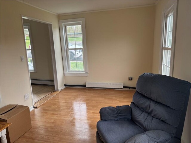 2129 State Highway 206, Masonville, NY 13849 - sitting room with crown molding, a baseboard radiator, light wood-style floors, and baseboard heating