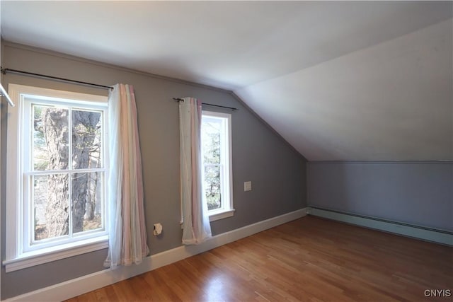 additional living space with baseboards, wood finished floors, and lofted ceiling