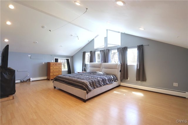 bedroom with a baseboard heating unit, recessed lighting, wood finished floors, and lofted ceiling