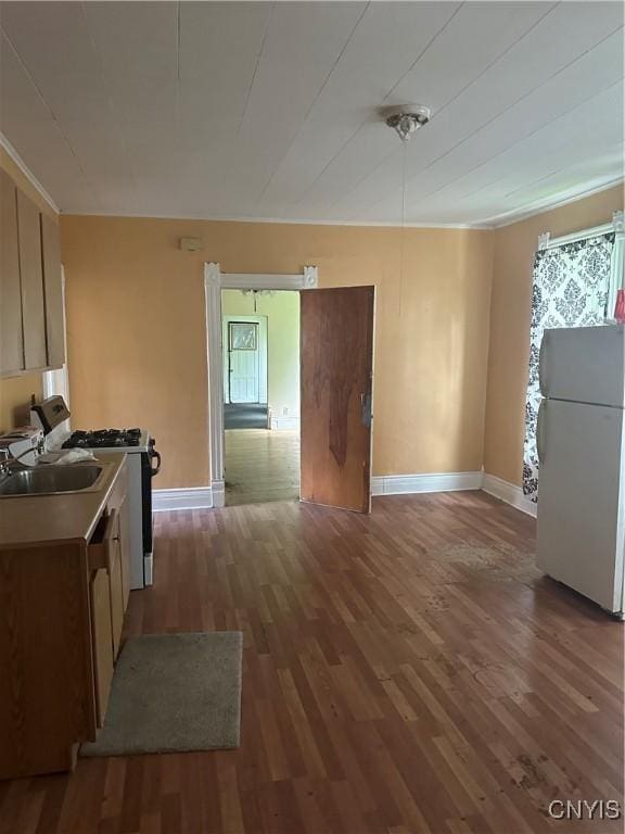 kitchen with a sink, stainless steel gas stove, freestanding refrigerator, baseboards, and wood finished floors