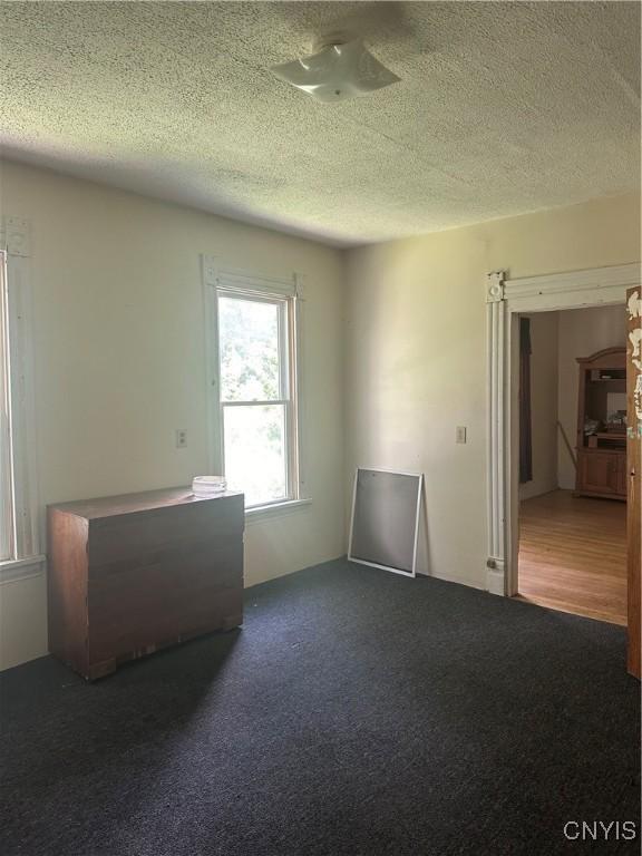 carpeted empty room with a textured ceiling