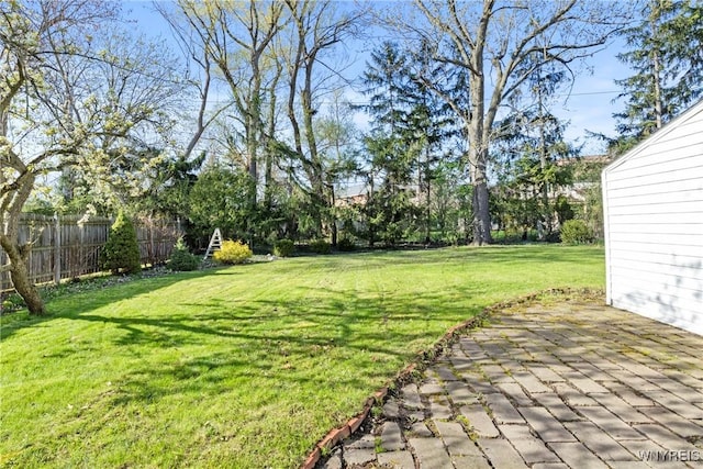 view of yard featuring fence and a patio area
