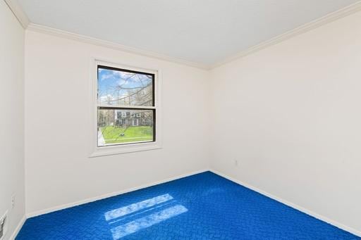 empty room featuring carpet floors, baseboards, and crown molding