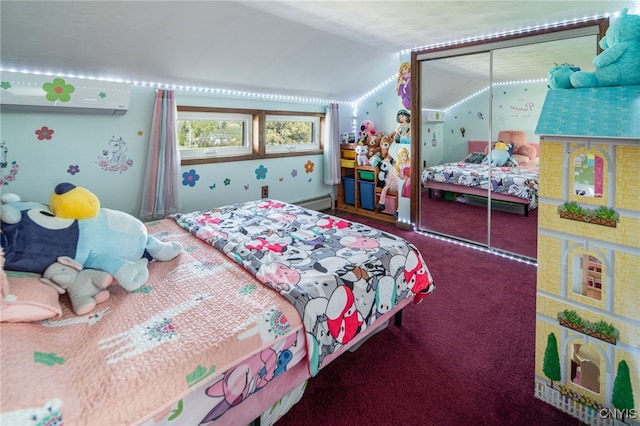 bedroom with a closet, baseboard heating, vaulted ceiling, and carpet flooring