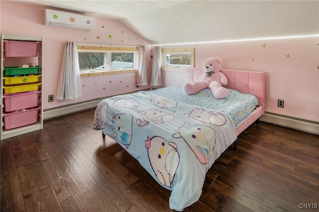 bedroom featuring hardwood / wood-style floors, vaulted ceiling, a baseboard heating unit, and a wall mounted air conditioner