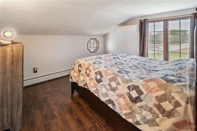 bedroom with a wall unit AC, access to exterior, baseboard heating, wood-type flooring, and lofted ceiling