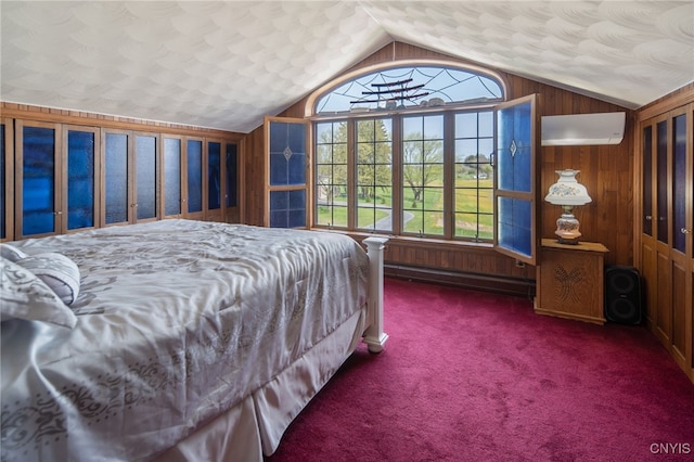 carpeted bedroom featuring wood walls, a wall mounted AC, and lofted ceiling