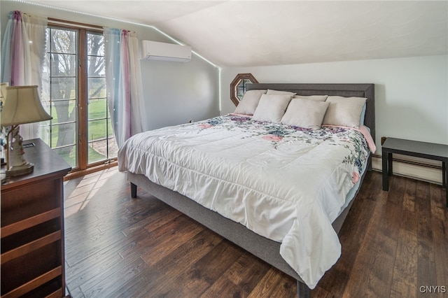 bedroom with lofted ceiling, wood finished floors, access to outside, an AC wall unit, and a baseboard radiator