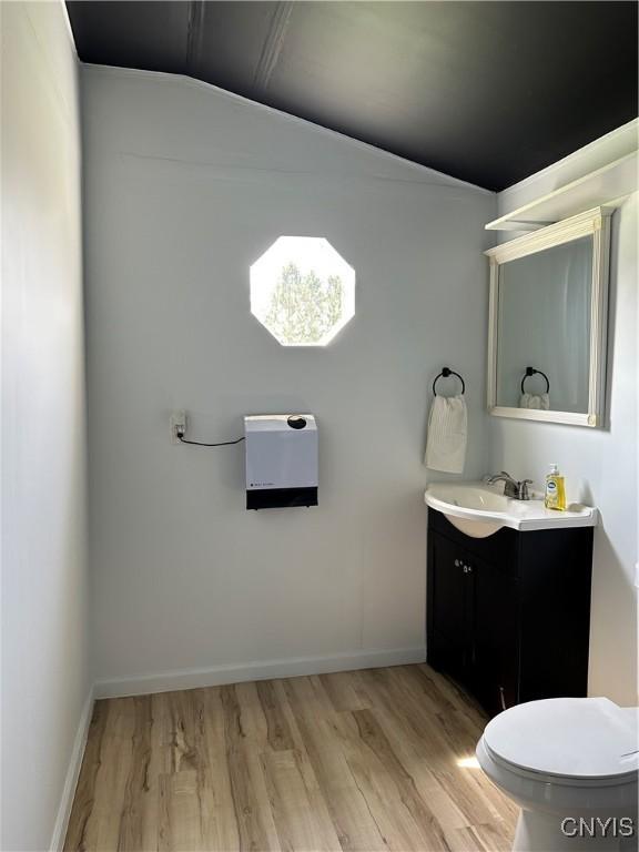 bathroom featuring vanity, baseboards, wood finished floors, and toilet