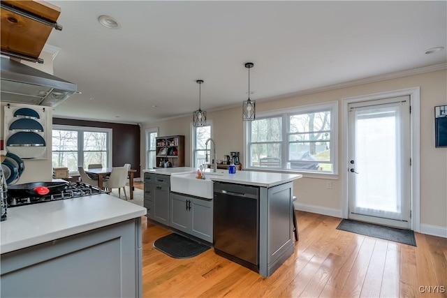 kitchen featuring crown molding, a sink, light countertops, gray cabinets, and dishwashing machine
