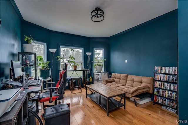 living area featuring ornamental molding and wood finished floors