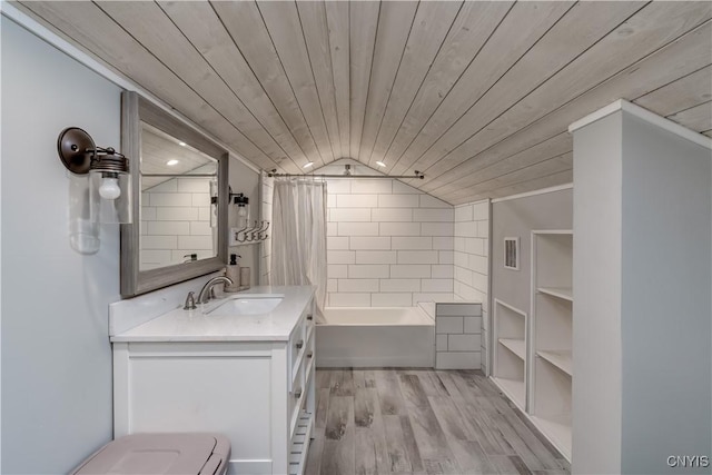 bathroom with vanity, shower / bath combo with shower curtain, wooden ceiling, lofted ceiling, and visible vents