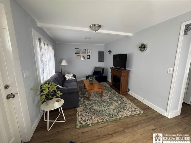 living area featuring baseboards, beamed ceiling, and wood finished floors