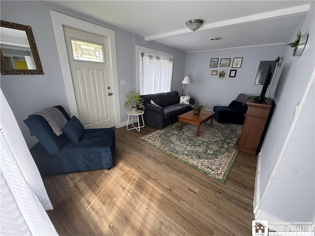 living room with baseboards and wood finished floors