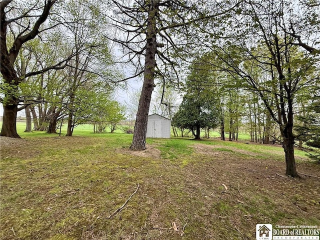 view of yard with an outdoor structure and a shed