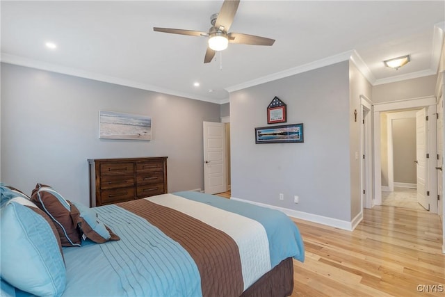 bedroom with crown molding, recessed lighting, baseboards, and light wood-style flooring